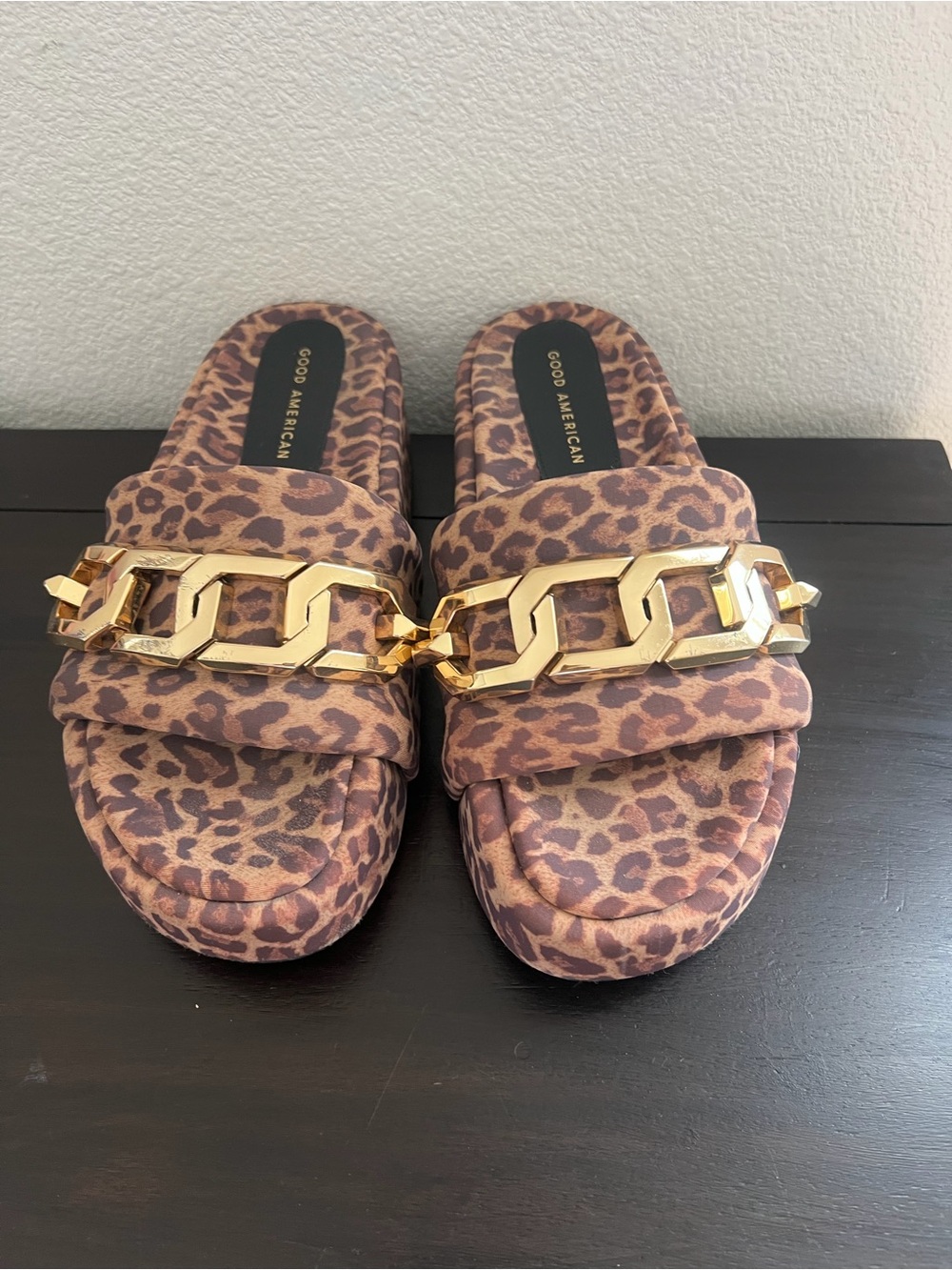 Good American Leopard-Print Slide Mules with Gold Chain Accent - Brown